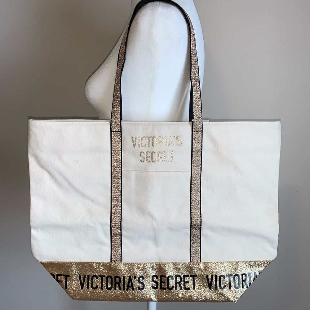 Victorias Secret Tote Beach Bag Large New Zip Canvas Cream Beige Gold Glitter